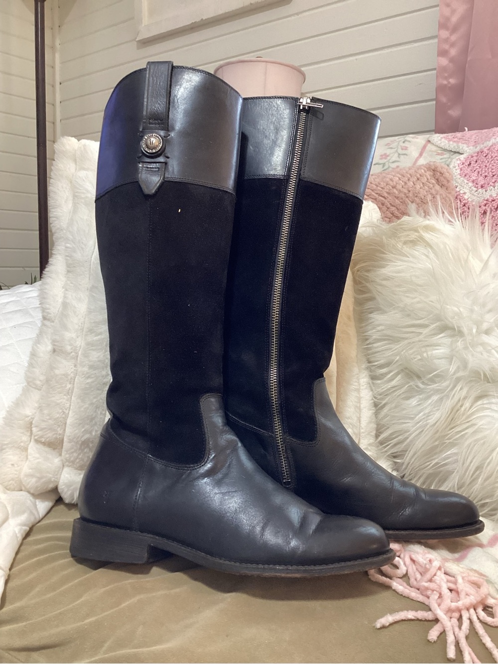 Frye Jayden Button Tall Black Suede & Leather Boots